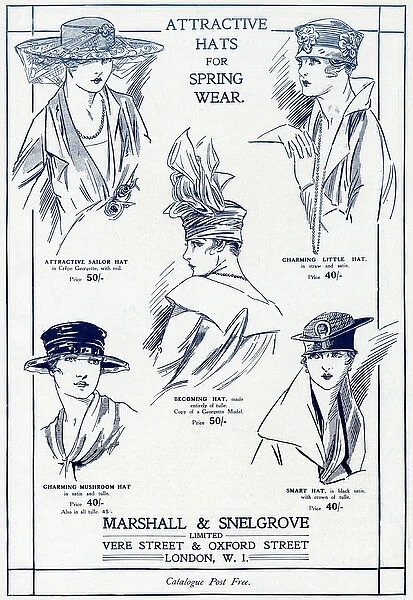 Advert for Marshall & Snelgrove womens hats 1917