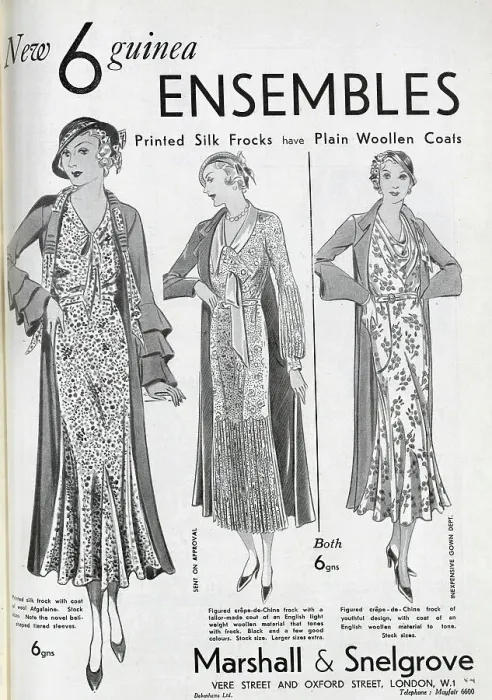 Framed Print : Advert for Marshall and Snelgrove's range of printed silk frocks, worn with woollen coats. Date: 1932 Framed Print : Advert for Marshall and Snelgrove's range of printed silk frocks, worn with woollen coats. Date: 1932