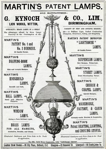 Advert for Martins patent hanging oil lamps 1888