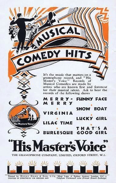 Advert for His Masters Voice, Musical Comedy Hits, 1920s