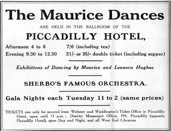 Advert for Maurice Dances at the Piccadilly Hotel, London
