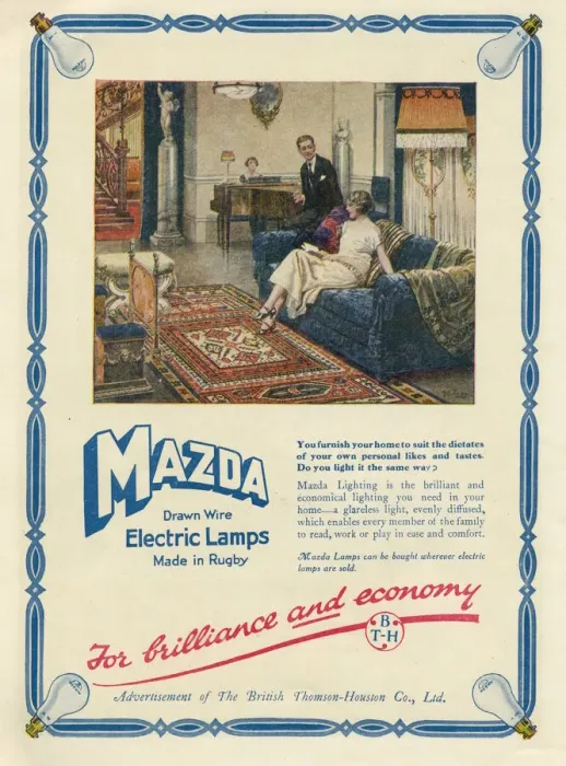Framed Print : Advertisement for Mazda electric lamps (made in Rugby) showing people in a rather opulent Framed Print : Advertisement for Mazda electric lamps (made in Rugby) showing people in a rather opulent