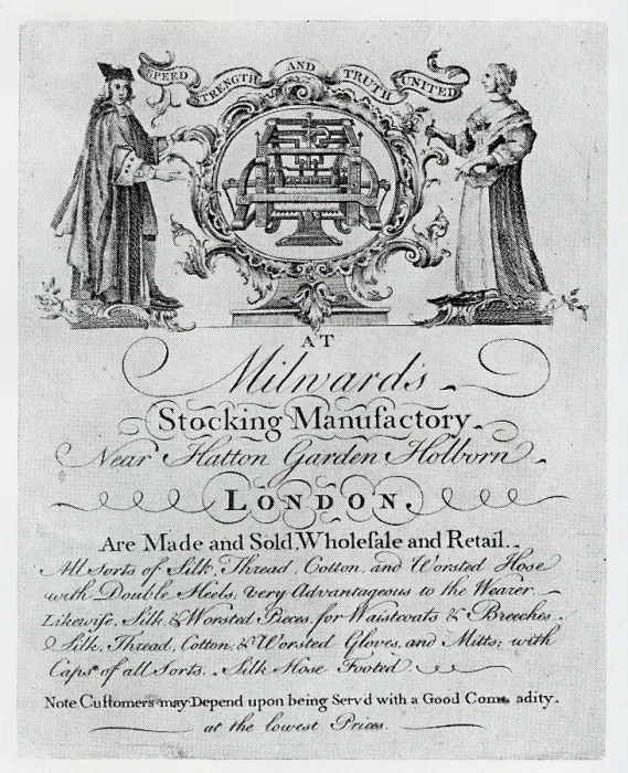 Framed Print : Advert - Milward's Stocking Manufactory, near Hatton Garden Framed Print : Advert - Milward's Stocking Manufactory, near Hatton Garden