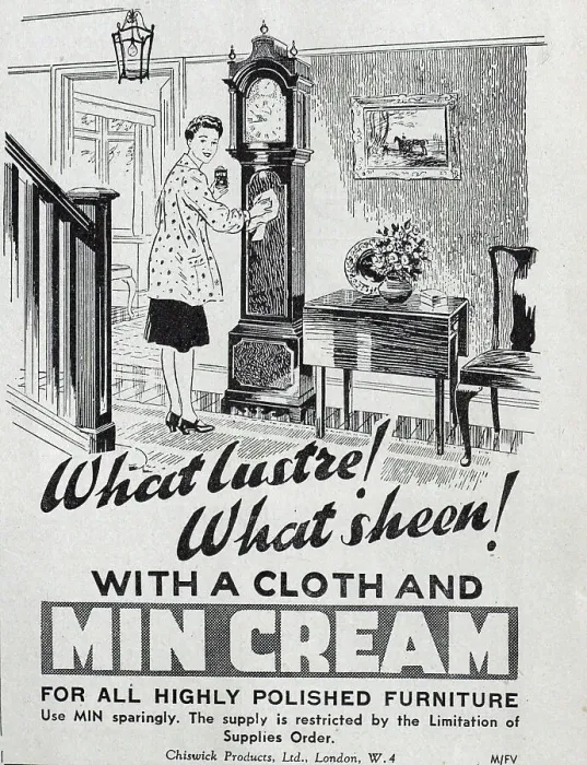 Framed Print : Advert for Min Cream Polish. Supply of the product was restricted during the war. Date: 1943 Framed Print : Advert for Min Cream Polish. Supply of the product was restricted during the war. Date: 1943