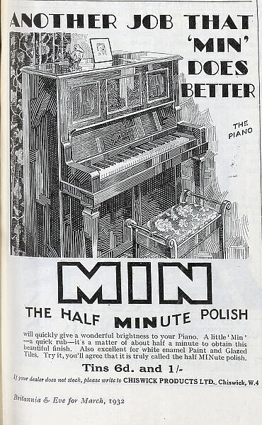 Advert for Min Piano Polish, promising a beautiful finish in half a minute. Date: 1932