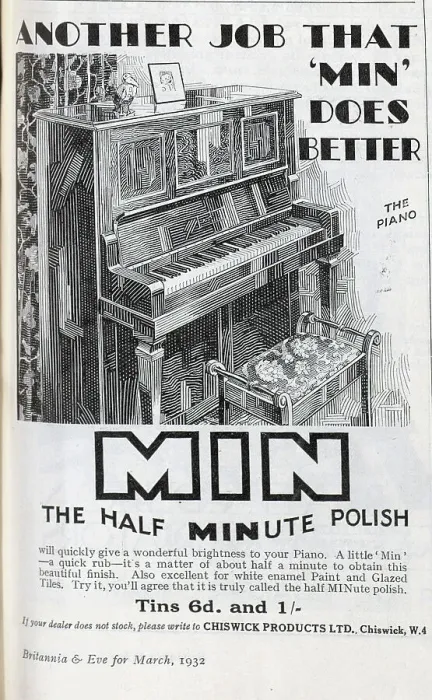 Framed Print : Advert for Min Piano Polish, promising a beautiful finish in half a minute. Date: 1932 Framed Print : Advert for Min Piano Polish, promising a beautiful finish in half a minute. Date: 1932