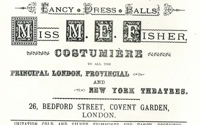 Framed Print : Advertisement, Miss M E Fisher, theatre costumier Framed Print : Advertisement, Miss M E Fisher, theatre costumier