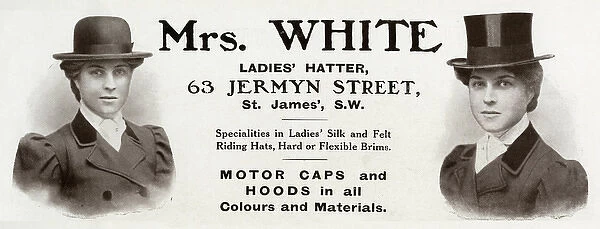Advert for Mrs. White specialities riding hats 1909
