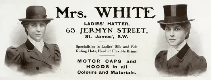 Framed Print : Advert for Mrs. White specialities riding hats 1909 Framed Print : Advert for Mrs. White specialities riding hats 1909