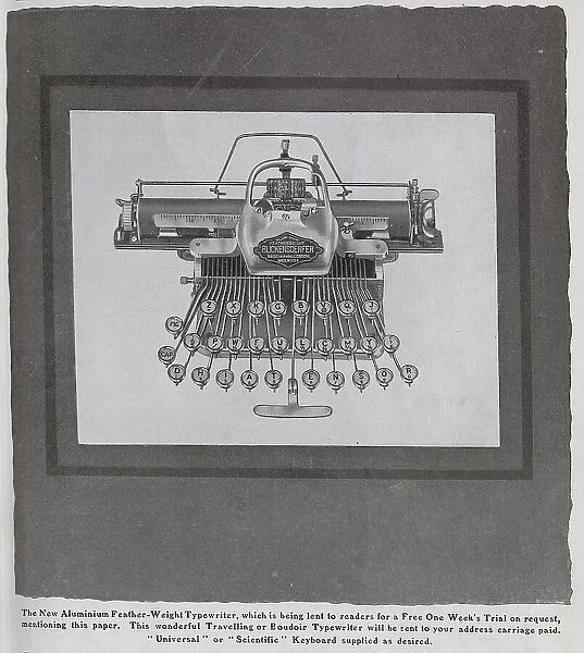 Advertisement for new Blickensderfer lightweight typewriter. Showing typewriter and extended keys. The typewriter was being offered with a week's free trial