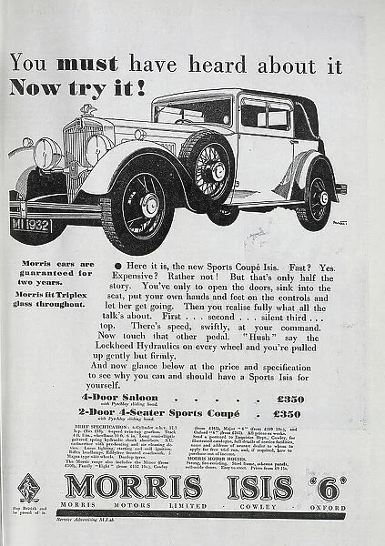 An advert for the new Sports Coupe Isis 6 from Morris, also available as a 4-door saloon. Date: circa 1932