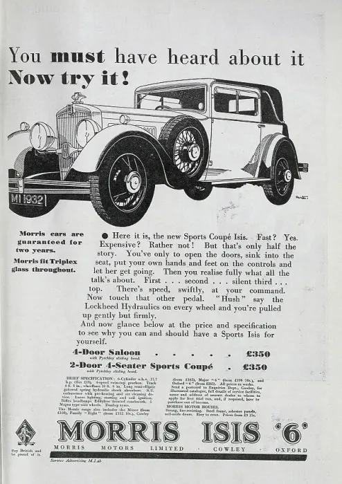 Framed Print : An advert for the new Sports Coupe Isis 6 from Morris, also available as a 4-door saloon. Date: circa 1932 Framed Print : An advert for the new Sports Coupe Isis 6 from Morris, also available as a 4-door saloon. Date: circa 1932
