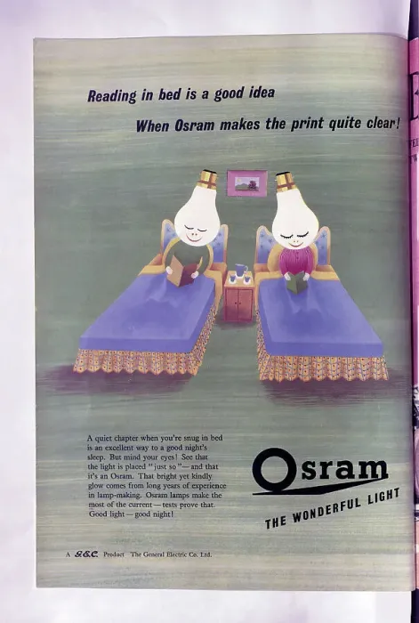 Framed Print : Advert for Osram light bulbs, made by the General Electric Company. Date: 1954 Framed Print : Advert for Osram light bulbs, made by the General Electric Company. Date: 1954