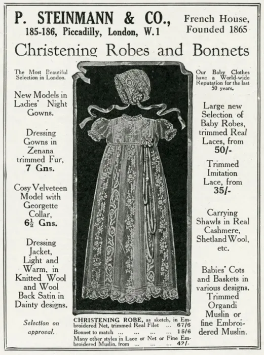 Framed Print : Advert for P. Steinmann & Co Christening robes 1926 Framed Print : Advert for P. Steinmann & Co Christening robes 1926