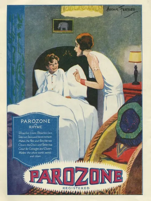 Framed Print : Advertisement for Parozone showing a mother, in a pristine white dress Framed Print : Advertisement for Parozone showing a mother, in a pristine white dress
