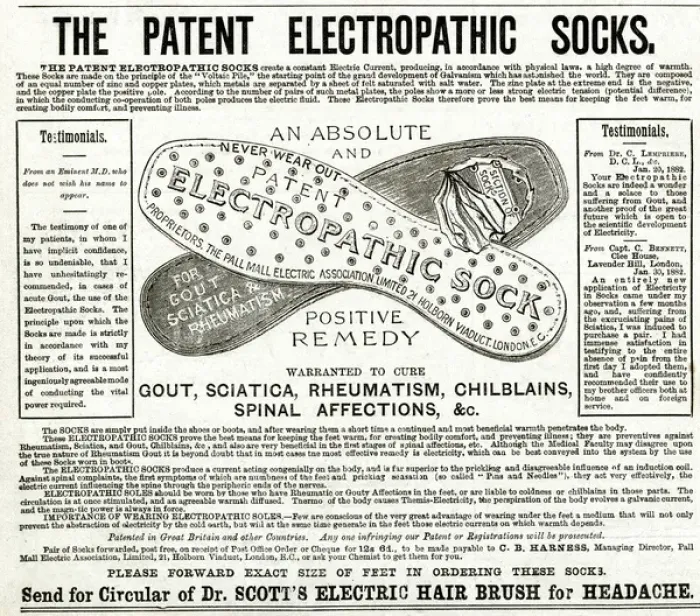 Framed Print : Advert for Patent Electropathic socks 1882 Framed Print : Advert for Patent Electropathic socks 1882