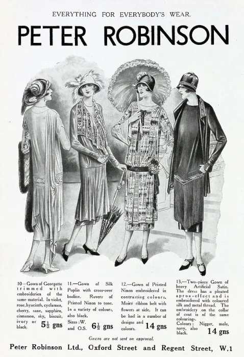 Framed Print : Advertisement for Peter Robinson, clothing. Captioned, Everything for Everybody's Wear'. Showing models wearing four styles of gowns, with elegant hats, shoes and umbrellas Framed Print : Advertisement for Peter Robinson, clothing. Captioned, Everything for Everybody's Wear'. Showing models wearing four styles of gowns, with elegant hats, shoes and umbrellas