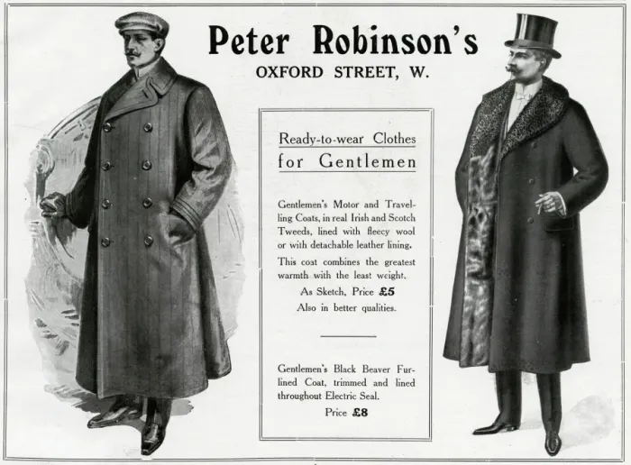 Framed Print : Advert for Peter Robinsons mens motor coats 1909 Framed Print : Advert for Peter Robinsons mens motor coats 1909