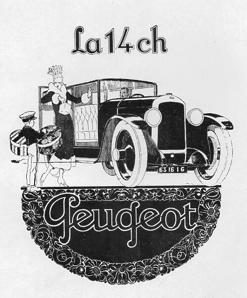 Advert for Peugeot automobiles, 1928, Paris