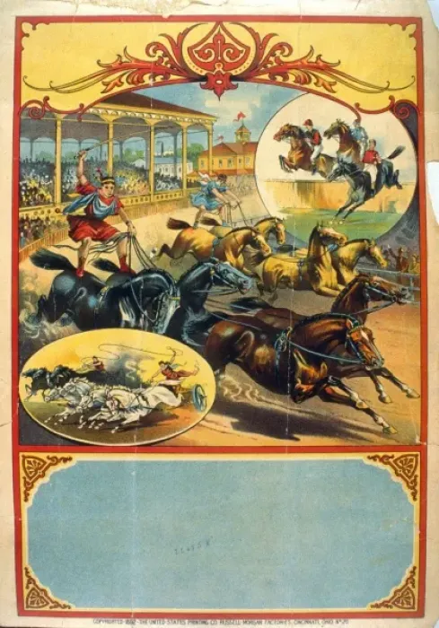 Framed Print : Advertising poster showing two men in classical dress riding Framed Print : Advertising poster showing two men in classical dress riding