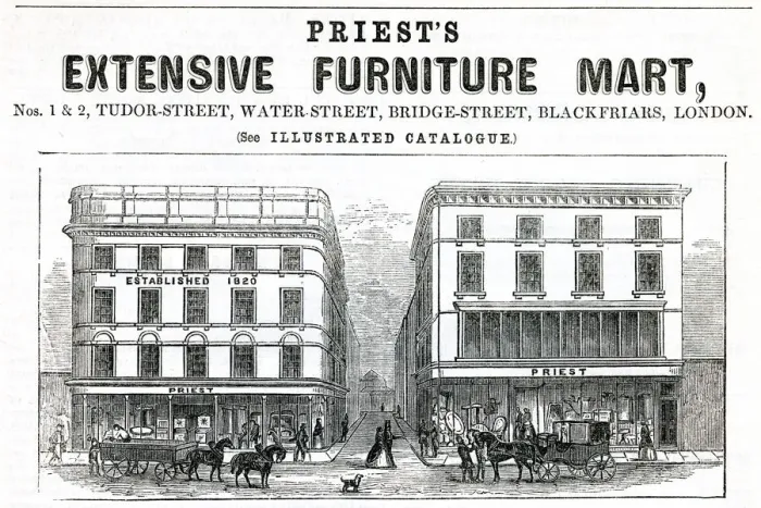 Framed Print : Advert for Priests furniture shops, London 1851 Framed Print : Advert for Priests furniture shops, London 1851
