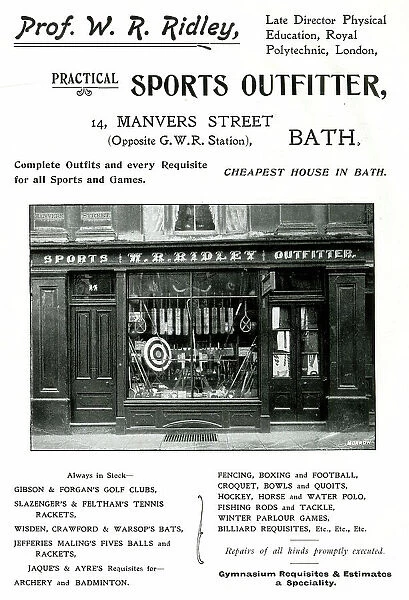 Advert for Prof. W. R. Ridley, Sports Outfitter, Bath