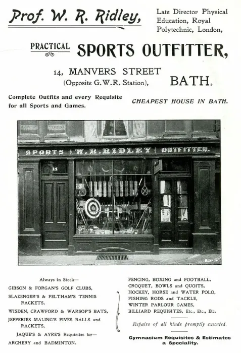 Framed Print : Advert for Prof. W. R. Ridley, Sports Outfitter, Bath Framed Print : Advert for Prof. W. R. Ridley, Sports Outfitter, Bath