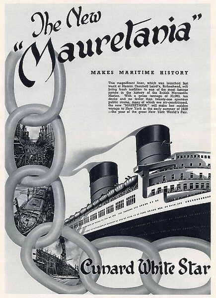Advertisement for RMS Mauretania, the newly formed Cunard-White Star company, ocean liner. Date: 1938