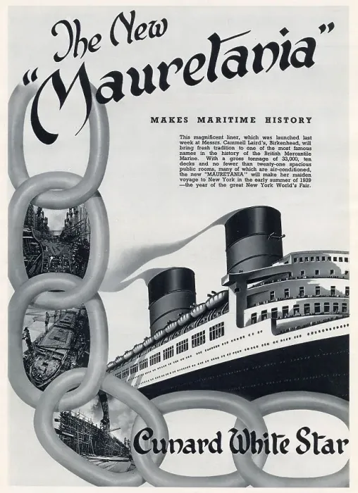 Framed Print : Advertisement for RMS Mauretania, the newly formed Cunard-White Star company, ocean liner. Date: 1938 Framed Print : Advertisement for RMS Mauretania, the newly formed Cunard-White Star company, ocean liner. Date: 1938