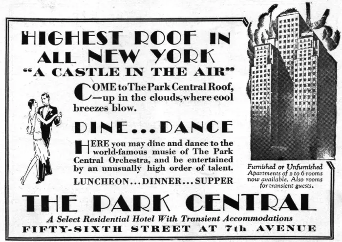 Framed Print : Advert for Roof Garden at The Park Central Hotel in New York, 1928 Date: 1928 Framed Print : Advert for Roof Garden at The Park Central Hotel in New York, 1928 Date: 1928