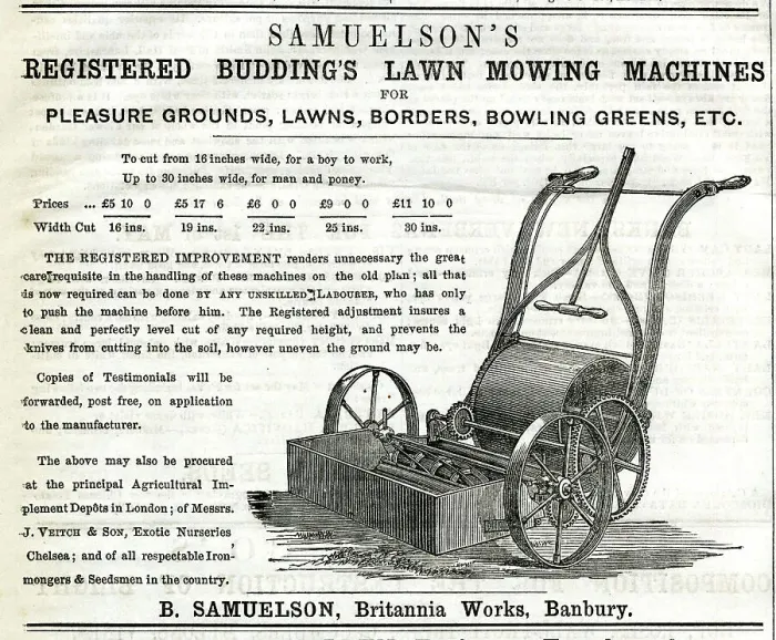 Framed Print : Advert, Samuelson's lawn mowing machines Framed Print : Advert, Samuelson's lawn mowing machines