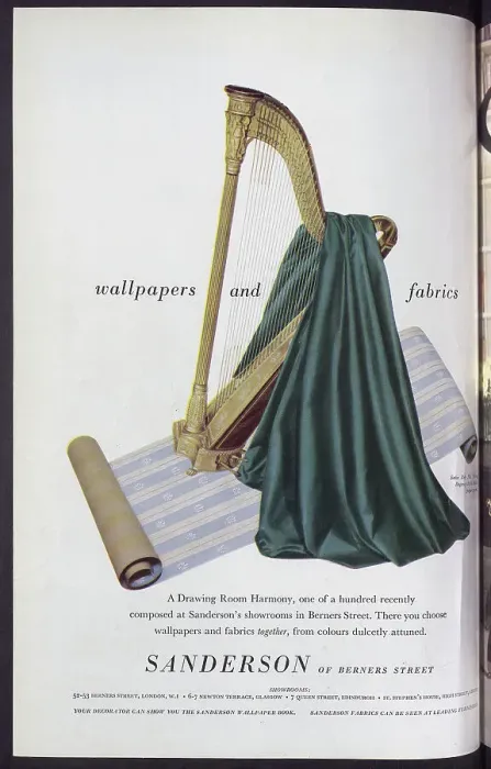 Framed Print : Advert for Sanderson of Berners Street, suppliers of wallpapers and fabrics. Date: 1954 Framed Print : Advert for Sanderson of Berners Street, suppliers of wallpapers and fabrics. Date: 1954