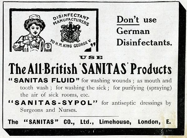 Advertisement for Sanitas disinfectant, WW1