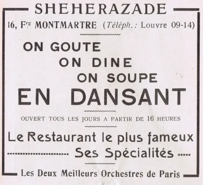 Framed Print : Advert for Sheherazade, 16 Faubourg, Montmartre Date: 1920s Framed Print : Advert for Sheherazade, 16 Faubourg, Montmartre Date: 1920s