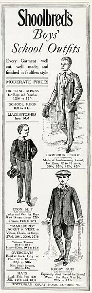 Advert for Shoolbreds boys school uniforms 1915