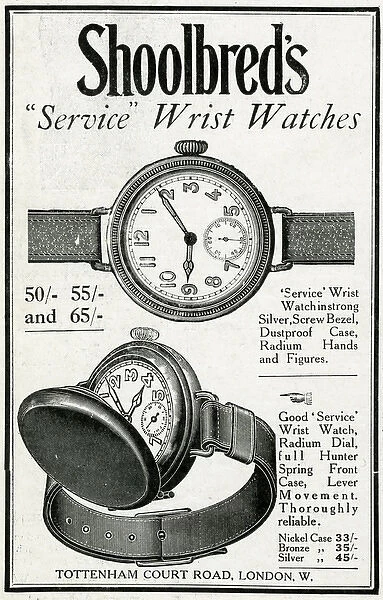 Advert for Shoolbreds wristwatch 1915