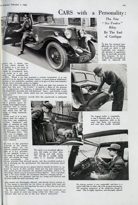 Framed Print : Advertisement for Six-Twelve Riley car. Advertorial by the Earl of Cardigan. Captioned, Cars with a Personality: the new Six-Twelve Riley'. Showing interior and exterior of the car, the engine, and storage Framed Print : Advertisement for Six-Twelve Riley car. Advertorial by the Earl of Cardigan. Captioned, Cars with a Personality: the new Six-Twelve Riley'. Showing interior and exterior of the car, the engine, and storage