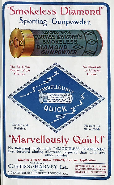 Advertisement for Smokeless Diamond Sporting gunpowder by Curtis's and Harvey Ltd. Showing shotgun cartridge with name and logo. With quotation, Marvellously Quick! No fluttering birds with Smokeless Diamond