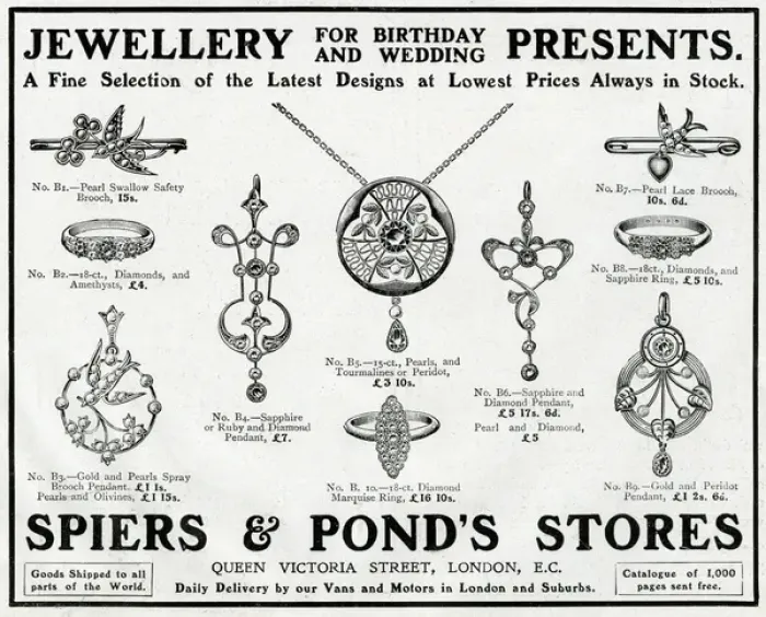 Framed Print : Advert for Spiers & Ponds stores, jewellery 1911 Framed Print : Advert for Spiers & Ponds stores, jewellery 1911