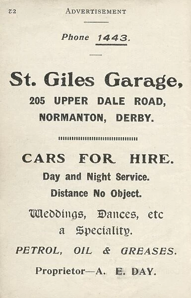 Advertisement for St Giles Garage, Normanton, Derby