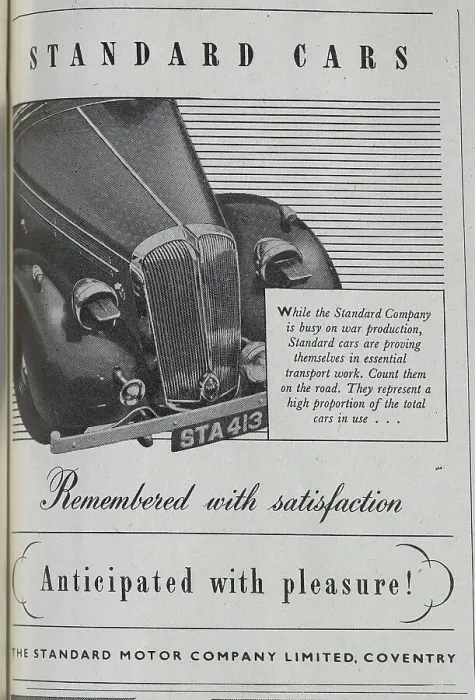 Framed Print : Advert for Standard Cars, temporarily unavailable for civilian purchase, due to the war. Date: 1943 Framed Print : Advert for Standard Cars, temporarily unavailable for civilian purchase, due to the war. Date: 1943