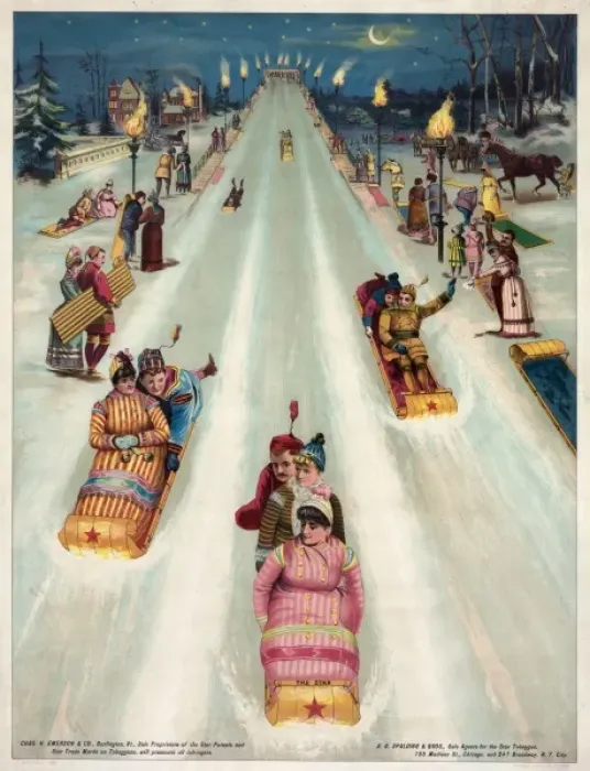 Framed Print : Advertisement for Star toboggans, showing people sledding Framed Print : Advertisement for Star toboggans, showing people sledding