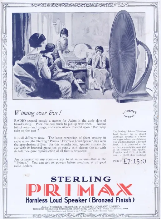 Framed Print : Advert for Sterling Primax hornless loud speaker, 1925 Framed Print : Advert for Sterling Primax hornless loud speaker, 1925