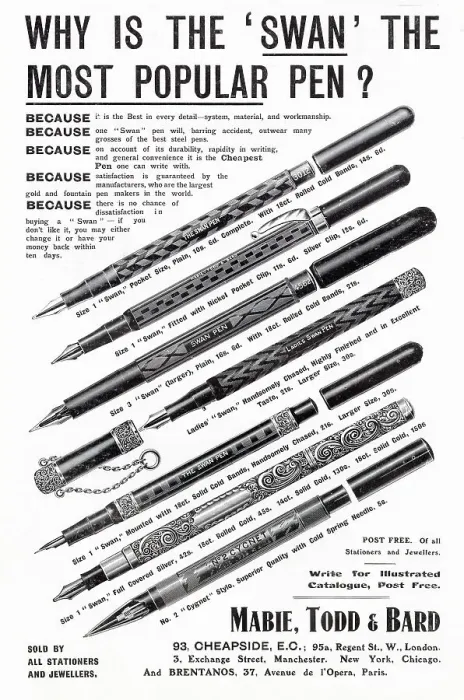 Framed Print : Advertisement for Swan decorative fountain pens. Date: 1904 Framed Print : Advertisement for Swan decorative fountain pens. Date: 1904