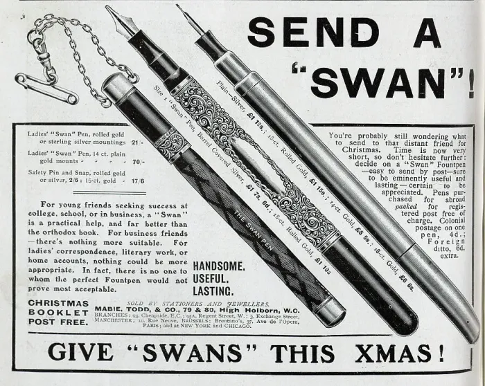 Framed Print : Advertisement for Swan Pens, by Mabie, Todd and Co. Captioned, Send a Swan!, and Give Swans this Xmas!, with illustrations of ladies pens with rolled gold or sterling silver mountings, with plain 14ct gold mounts Framed Print : Advertisement for Swan Pens, by Mabie, Todd and Co. Captioned, Send a Swan!, and Give Swans this Xmas!, with illustrations of ladies pens with rolled gold or sterling silver mountings, with plain 14ct gold mounts