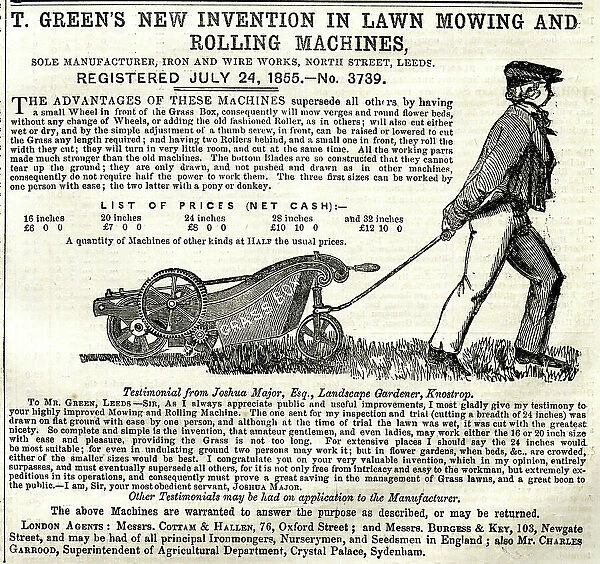Advert, T Green's lawn mowing and rolling machines