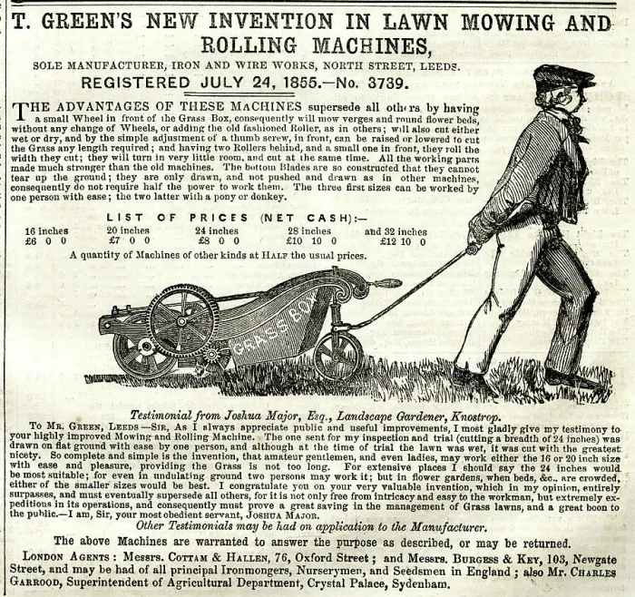Framed Print : Advert, T Green's lawn mowing and rolling machines Framed Print : Advert, T Green's lawn mowing and rolling machines