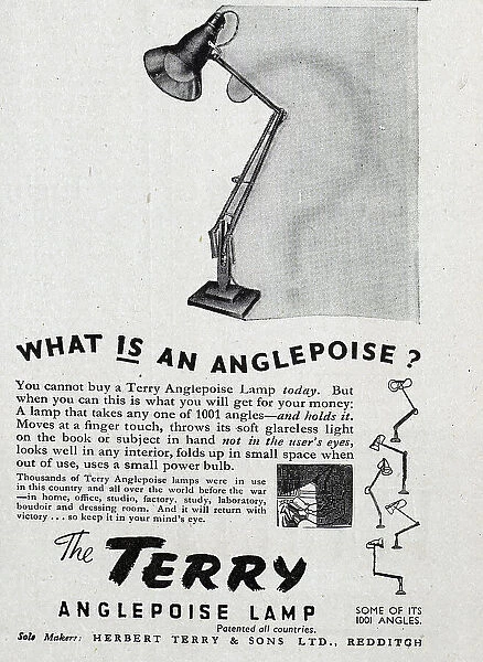 Advert for Terry Anglepoise Lamps - currently unavailable to buy, due to the war. Date: 1943