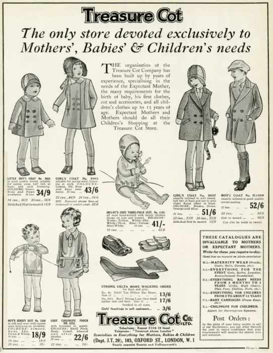 Framed Print : Advert for Treasure cot: Mother babies & childs wear 1930 Framed Print : Advert for Treasure cot: Mother babies & childs wear 1930