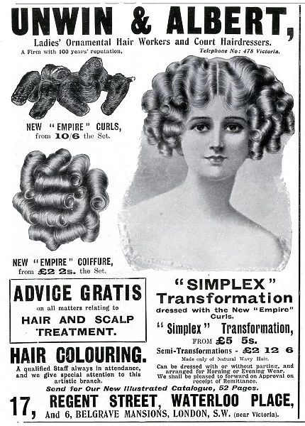 Advert for Unwin & Albert womens coiffure 1908 Advert for Unwin & Albert womens